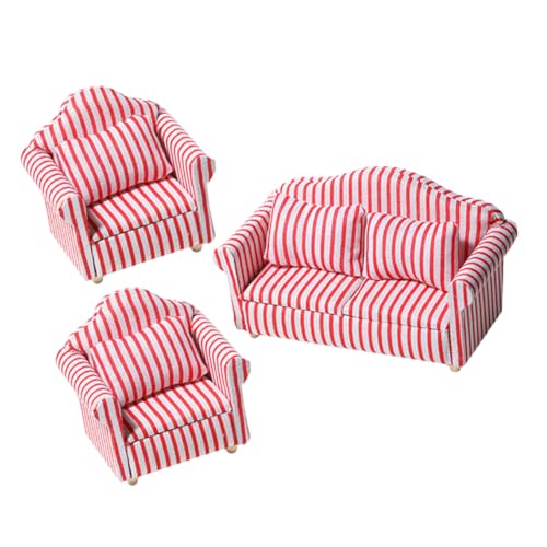 SKISUNO 3 Stück Miniatur Sofa Modell Teiliges Gestreiftes Puppenhaus Möbelset Rot Weißes Miniatur Wohnzimmer Sofa für DIY und Puppenhaus Zubehör von SKISUNO