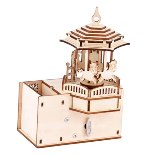 SKISUNO Holz DIY Musikspieluhr mit Handkurbel Puzzle Karussell Kreatives Einfache Montage Dekoratives Holzmodell für Zuhause von SKISUNO