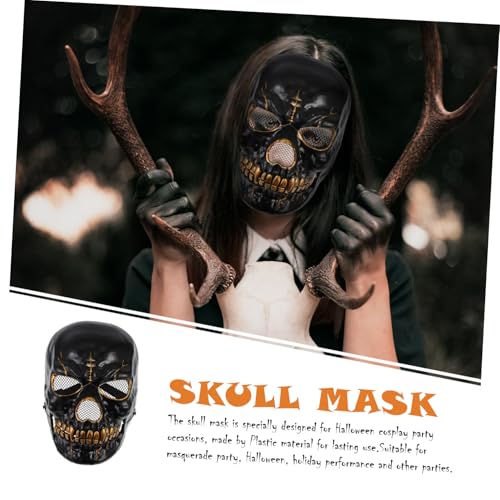 SKISUNO Horrormaske Halloween Skull Maske mit Beweglichem Mund Leichte Kunststoff Vollgesichtsmaske für Erwachsene Cosplay Karneval Party Dekoration Schwarz-gold SKISUNO Horrormaske Halloween Skull Maske mit Beweglichem Mund Leichte Kunststoff Vollgesichtsmaske für Erwachsene Cosplay Karneval Party Dekoration Schwarz-gold von SKISUNO