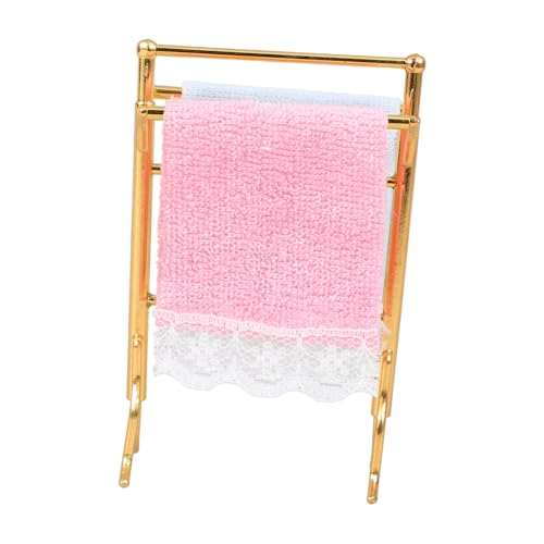 SKISUNO Mini-Handtuchhalter tragbar Miniatur-Puppenhausmöbel Puppenhausminiaturen handtücher dekoratives Mini-Puppenhaus-Ausstellungsregal Puppenhaus-Badezimmer-Handtuchhalter Stoff Golden von SKISUNO