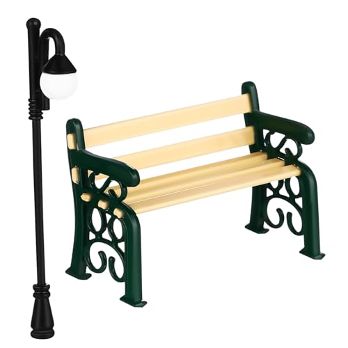 SKISUNO Miniatur Parkbank aus Robustem mit Gebogenem Lampenarm Mini Puppenhaus Möbel Wetterfeste Miniatur Gartenbank und Straßenlaterne für Detailreiche Dekoration von SKISUNO
