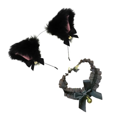 SKISUNO Plüsch Katzenohren Haarreif mit Schwarzem Schleifen design und Passendem Cosplay Halsband Niedliches Party accessoire für Kostüm Rollenspiel Fasching und Mottopartys von SKISUNO