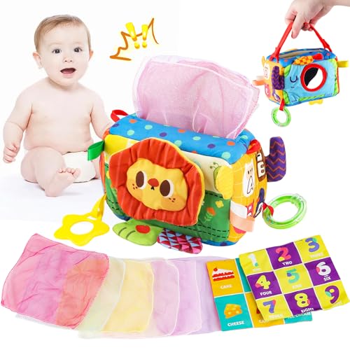 SKIWAX Montessori Spielzeug Baby, Baby Tissue Box Toy, 7-in -1 Tücherbox Baby Sensorik Spielzeug mit 8 Farbiges Tuch Crinkle, Tierbus Sensorik Spielzeug für Baby Mädchen Junge ab 6 7 8 9 10 Monate von SKIWAX