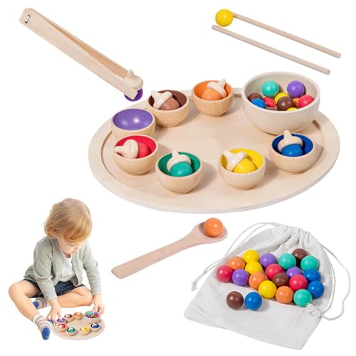 SKJJL Montessori Ball Sortierspiel, Montessori-Spielzeug mit 21 Bälle und 7 Spinner, Holzspielzeug Regenbogen Holzkugeln in Tassen, Montessori Spielzeug ab 1 Jahr für Vorschule Farbsortierung Zählen von SKJJL