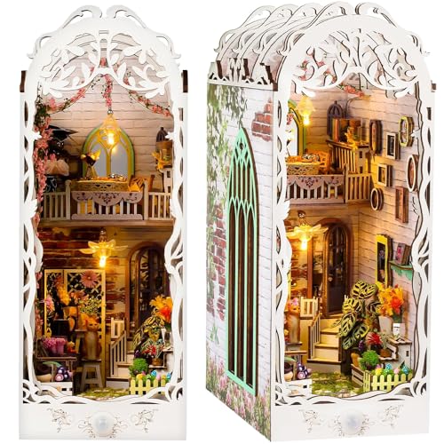 SKJJM Book Nook Kit, DIY Miniature House, 3D Holzpuzzle Bücherecke, Diorama Modelbau für Erwachsene Teens 14 Jahre+ Kreatives Geschenk, Bücherregaleinsatz mit Sensor Led Licht (Weiß) von SKJJM