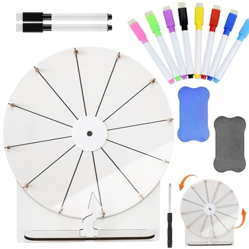 SKJJM Glücksrad zum Drehen, 30 cm Hölzernes Glücksrad, Glücksrad Zum Selbstgestalten, Spinnings Prize Wheel mit Radiergummi und Markierstift, Drehrad Glücksrad für Wortspiele, Karneval (Weiß) von SKJJM
