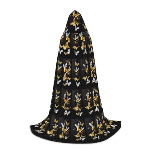 SKKNT Halloween-Umhang mit Kapuze, goldfarben, weiße Schmetterlinge, schwarzer Druck, mit Kapuze, für Damen und Herren, für Karneval SKKNT Halloween-Umhang mit Kapuze, goldfarben, weiße Schmetterlinge, schwarzer Druck, mit Kapuze, für Damen und Herren, für Karneval von SKKNT