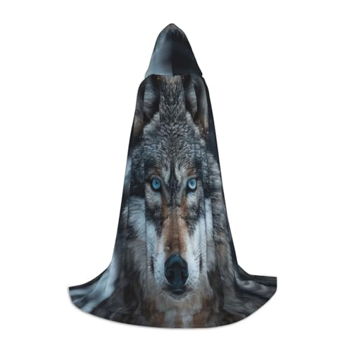 SKKNT Kapuzenumhang mit blauen Augen, Wolfsdruck, Unisex, verschiedene Zauberer-Robe, Halloween, Cosplay und Karneval, Gothic von SKKNT