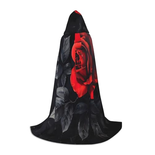 SKKNT Kapuzenumhang mit roter Rose und schwarzen Blättern, Unisex, verschiedene Zauberer-Robe, Halloween, Cosplay und Karneval, Gothic von SKKNT