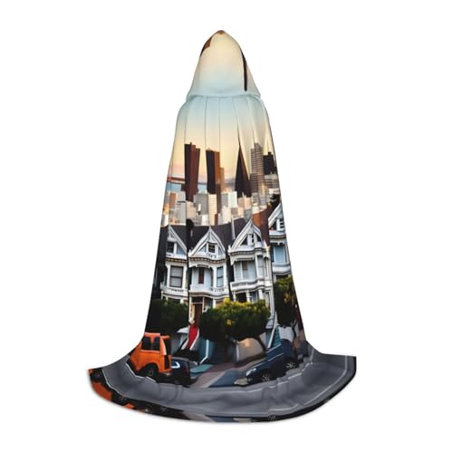 SKKNT San Francisco Print Halloween Kapuzenumhang voller Länge Umhang mit Kapuze für Damen und Herren für Karneval von SKKNT