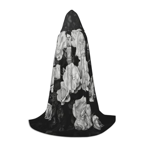 SKKNT Umhang mit Kapuze und Rosenmuster, Unisex, verschiedene Zauberer-Robe, Halloween, Cosplay und Karneval, Gothic, Schwarz / Weiß von SKKNT