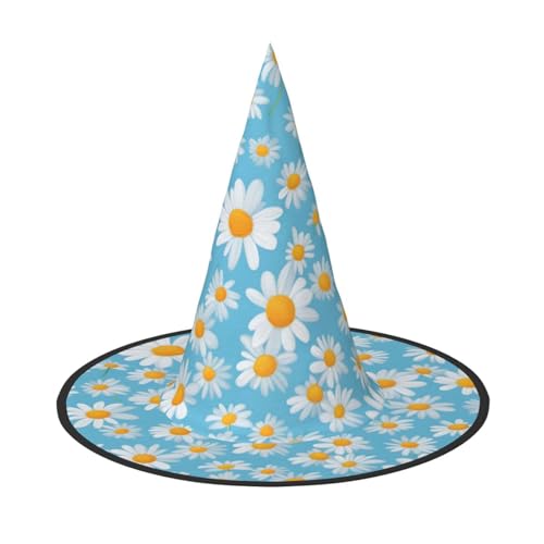 SKKNT Weißes Gänseblümchen auf hellblauem Hintergrund, Kostüm, Partyhut, Karneval, Halloween, Hexenhut, faltbarer Hut von SKKNT
