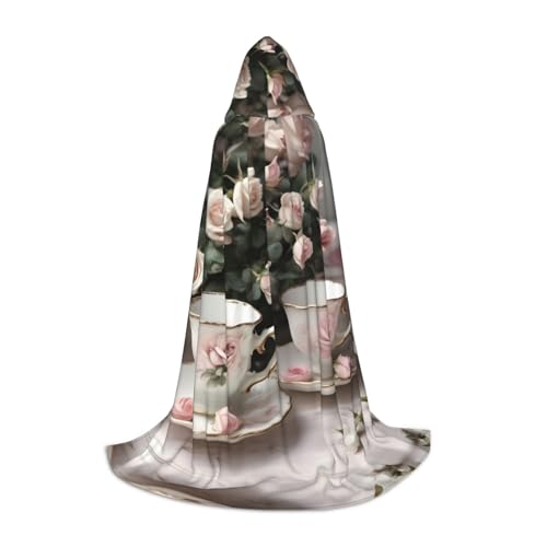 Teetassen mit Rosen, romantischer Shabby-Druck, Halloween-Kapuzenumhang, Umhang mit Kapuze, für Damen und Herren, für Karneval Teetassen mit Rosen, romantischer Shabby-Druck, Halloween-Kapuzenumhang, Umhang mit Kapuze, für Damen und Herren, für Karneval von SKKNT