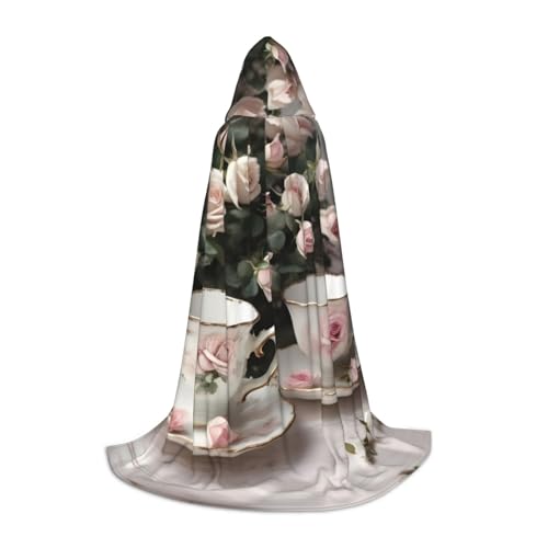 Teetassen mit Rosen, romantischer Shabby-Druck, Halloween-Kapuzenumhang, Umhang mit Kapuze, für Damen und Herren, für Karneval Teetassen mit Rosen, romantischer Shabby-Druck, Halloween-Kapuzenumhang, Umhang mit Kapuze, für Damen und Herren, für Karneval von SKKNT