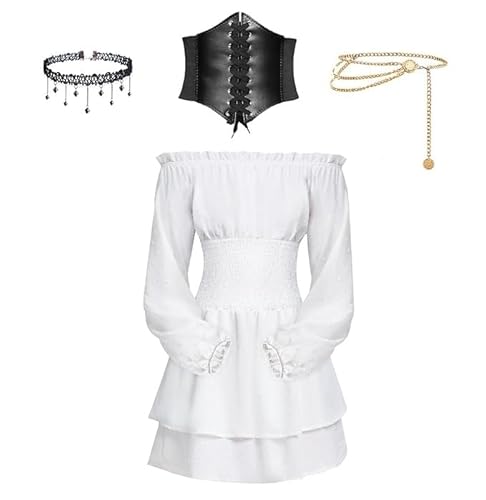 SKYYUE Piratenkostüm Damen Mittelalter Kleid Damen Kurz Weiß Kurzes Renaissance Kleid Weißes off Shoulder Kleid mit Korsett Gürtel, Taillenkette und Halskette für Halloween Karneval Kostüm Cosplay (S) SKYYUE Piratenkostüm Damen Mittelalter Kleid Damen Kurz Weiß Kurzes Renaissance Kleid Weißes off Shoulder Kleid mit Korsett Gürtel, Taillenkette und Halskette für Halloween Karneval Kostüm Cosplay (S) von SKYYUE