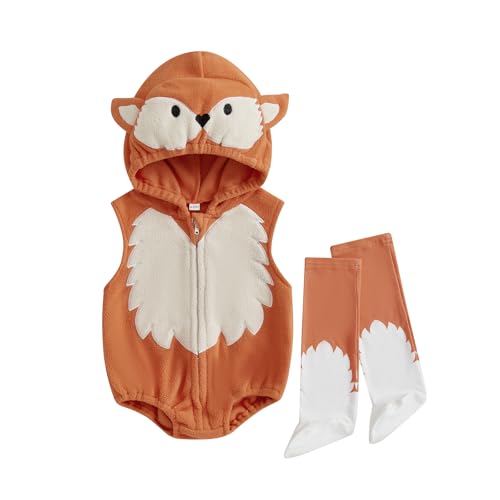 Halloween Baby Outfit Kostüm Tierkostüm Niedlicher ärmelloser Strampler mit Kapuze Lange Socken Set Säugling Kleinkind Halloween-Kleidung (Orange, 12-18 Months) von SKZZVI