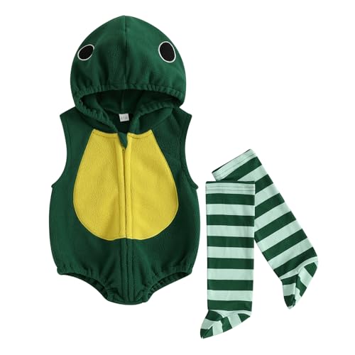 Halloween Baby Outfit Kostüm Tierkostüm Niedlicher ärmelloser Strampler mit Kapuze Lange Socken Set Säugling Kleinkind Halloween-Kleidung (green, 12-18M) von SKZZVI