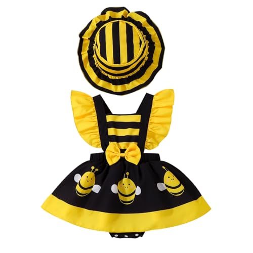 SKZZVI Baby Mädchen Strampler Kleid gelb fliegende Ärmel Bienen Print Jumpsuit Sonne Hut Säugling Neugeborenes Halloween Outfit Bienen Kostüm (Yellow, 9-12 Months) von SKZZVI