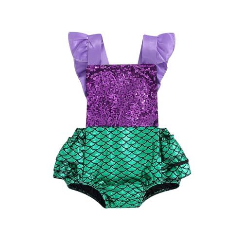 SKZZVI Halloween Baby Mädchen Meerjungfrau Strampler Kleid Fliege Ärmel bunte Schuppen Druck Tüll Tutu Rock Neugeborenes Kleinkind Bodysuit (Green, 18-24 Months) von SKZZVI