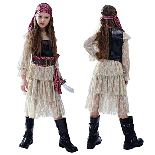 SKZZVI Halloween Piratenkostüm für Kinder Mädchen Spitzenkleid Weste Taille Gürtel Kopfbedeckung Set Rave Party Fancy Dress Up Clothes (Multicolor, 4-6 Years) von SKZZVI