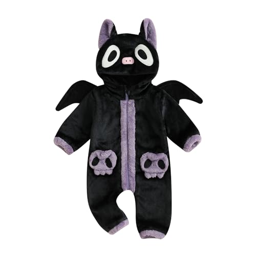 SKZZVI Kleinkind Baby Halloween Kleidung Schwarz Katze Kostüm Fleece Langarm mit Kapuze Jumpsuit Ein Stück Outfit Herbst Winter Party Strampler (Black, 3-6 Months) von SKZZVI