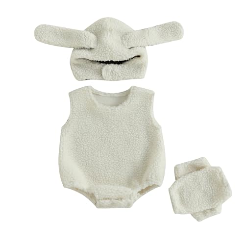 SKZZVI Kleinkind Baby Schaf Kostüm Winter Fleece Outfit Niedliches Lamm Strampler Mütze Stulpen Set Halloween Weihnachten Kleidung (White, 12-18 Months) von SKZZVI