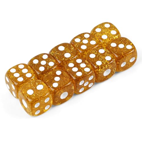 Transparente Würfel Set,16mm Acryl würfel in Glitter Gold,6-seitiges Bunt Würfel Set mit abgerundeten Ecken,D6 Standard Würfel mit Taschen für Spiel,Party, Poker,Teaching Math (10) von SLAKOZYT