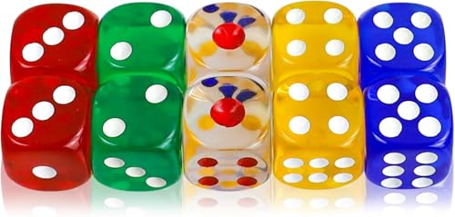 25MM Bunt Würfel Set 5 Farben，Transparent Würfel Set 10 Stück，6-seitiges Acryl Spielwürfel，Würfel Bunt für Brettspiele, Würfelspiele, Teaching Math，Party von SLAKOZYT
