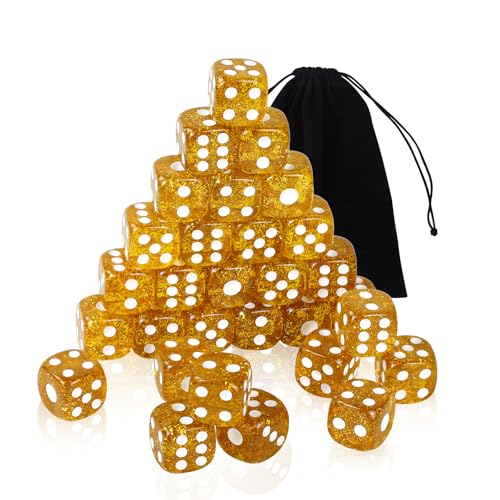 50 Stück Transparente Würfel Set,16mm Acryl würfel in Glitter Gold,6-seitiges Bunt Würfel Set mit abgerundeten Ecken,D6 Standard Würfel mit Taschen für Spiel,Party, Poker,Teaching Math (50) von SLAKOZYT