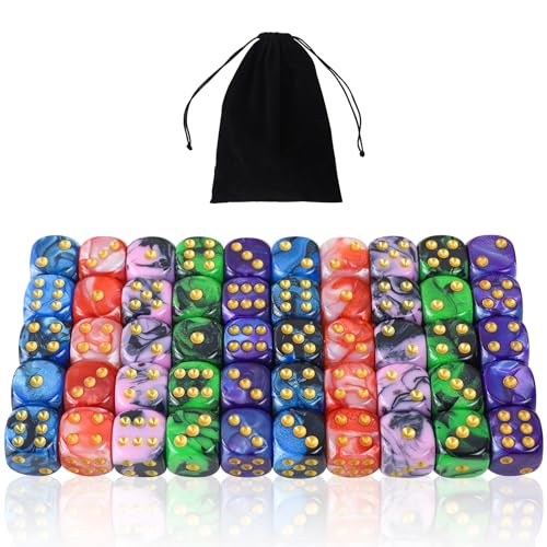 50 Stück Würfel Set 6-Seitig,16mm D6 Acryl Goldpipswürfeln,5 zweifarbige Polyedrische Farbwürfel für DND RPG Würfelspiele,Spielen von Spielen wie Tenzi, Yahtzee,Mathematikunterricht von SLAKOZYT