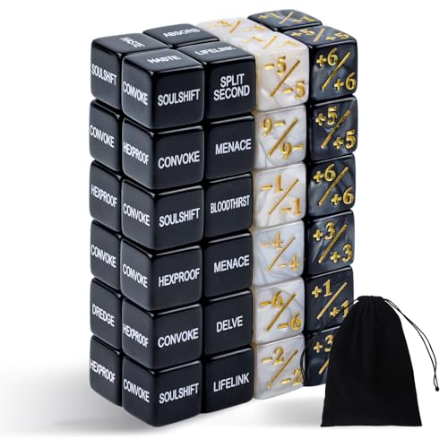 48 Stück MTG Würfel Zähler,Fähigkeiten Schlüsselwörter Zähler Würfel,MTG Leben Zähler 1/+1,Kreatur Stats Buff Tokens Würfel,MTG Würfel Set für MTG, TCG, Kartenspiele Zubehör von SLAKOZYT