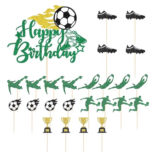 SLAXJNE 25 Stück Fußball-Kucheneinsätze, Tortenaufsätze, Sport-Themen-Kuchendekorationen, Fußball-Happy-Birthday-Einsätze, Dessert-Tischeinsätze, Cupcake-Dekorationen von SLAXJNE
