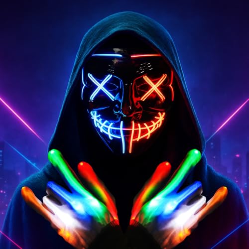 LED Halloween Purge Mask & Light Up Gloves Set - 3 Light Modes Scary Face Mask + 6 Mode Glow Skeleton Gloves - Halloween Costume for Adults & Kids (Blue/Red) von SLDALES