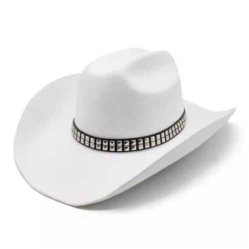 SLEDEZ Klassischer Zylinder für Herren Punk-Western-Cowboy-Bowlerhut aus Filz mit Nietengürtel(White) von SLEDEZ