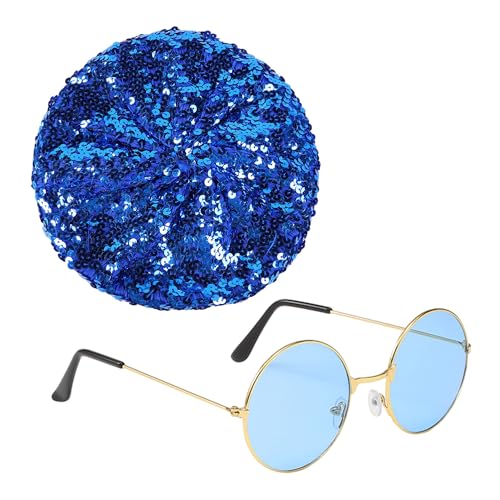 SLEEKEE 1 Stück Millinery Und 1 Stück Karnevalsbrille, Glitzeranzug, Bunter Paillettenhut, Glitzerbaskenmütze, Hip-Hop-Sonnenbrille, Retro-Rundbrille Für Maskerade, Party, Abschlussballkleid (Blau) SLEEKEE 1 Stück Millinery Und 1 Stück Karnevalsbrille, Glitzeranzug, Bunter Paillettenhut, Glitzerbaskenmütze, Hip-Hop-Sonnenbrille, Retro-Rundbrille Für Maskerade, Party, Abschlussballkleid (Blau) von SLEEKEE