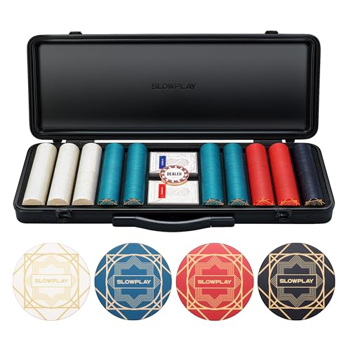 SLOWPLAY Nash Pokerset, 500 Keramik Pokerchips ohne Werte | Profi pokerchips hochwertige, 10g | inkl. Deluxe Großer Pokerkoffer, 2X Plastik Pokerkarten, Dealer Button von SLOWPLAY