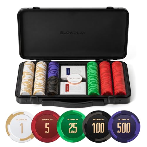 SLOWPLAY Godel 14g Ton Pokerchips-Set für Texas Hold’em, 300 STK [mit Werten] Verfügt über einen hochwertigen Chipkoffer mit besonders robuster Polycarbonat-Schale, Pokerspieler von SLOWPLAY