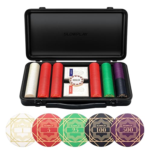 SLOWPLAY Nash Pokerset, 300 Keramik pokerchips, Nummerierter Chipsatz | Profi pokerchips hochwertige, 12g | inkl. Deluxe Pokerkoffer, 2X Plastik Pokerkarten, Dealer Button von SLOWPLAY
