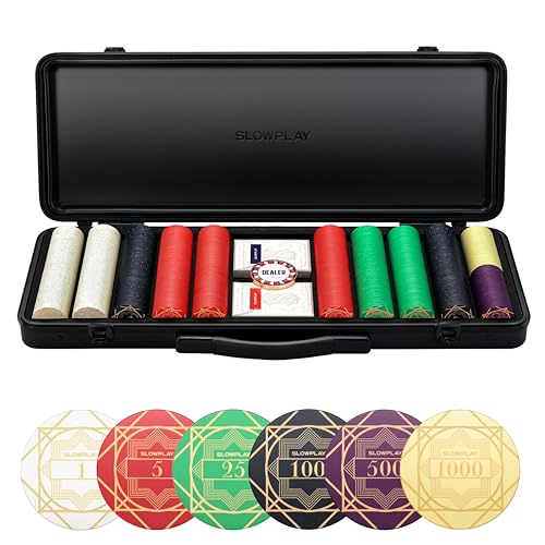 SLOWPLAY Nash Pokerset, 500 Keramik pokerchips, Nummerierter Chipsatz | Profi pokerchips hochwertige, 12g | inkl. Deluxe Pokerkoffer, 2X Plastik Pokerkarten, Dealer Button von SLOWPLAY