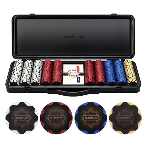 SLOWPLAY Nash Pokerset, 500 Poker Chips ohne Werte | Profi pokerchips aus Ton 14g | inkl. großer pokerkoffer hochwertigen, Plastik Pokerkarten, Dealer Button von SLOWPLAY