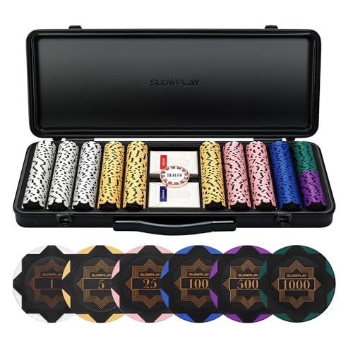 SLOWPLAY Nash Pokerset, mit 500 Nummerierte Poker Chips | Profi pokerchips aus Ton 14g | inkl. großer pokerkoffer hochwertigen, Plastik Pokerkarten, Dealer Button von SLOWPLAY