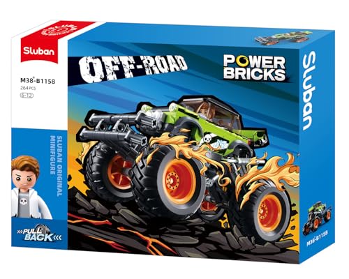 SLUBAN Klemmbausteine M38-B1158 Power Bricks Off Road Fahrzeug Big Foot mit Rückziehmotor, Grün, Spiel- und Bauset mit 264 Teilen, für Kinder ab 4 Jahren von SLUBAN
