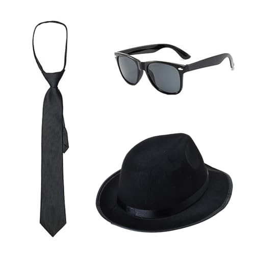 3-teiliges 1920er-Jahre-Kostüm, Gangster-Kostüm, Zubehör-Set, 20er-Jahre-Fedoras, Hut, Krawatte, Sonnenbrille, Halloween, Cosplay-Kostüme von SLXLYH
