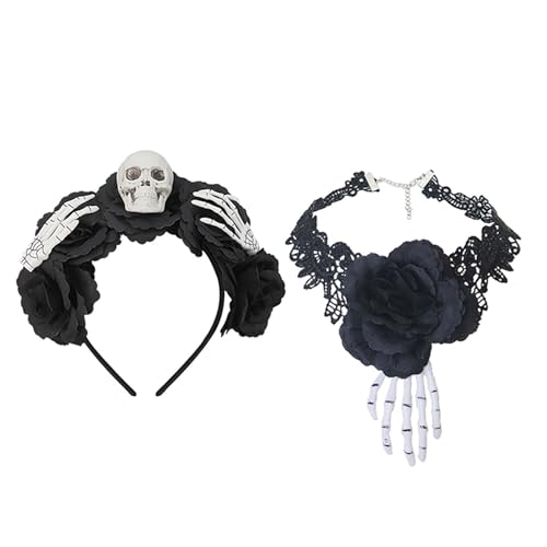 Freundliches Plastikschädel Stirnband Mit Halskette Choker Simulierte Blumen Kostümzubehör Für Halloween Party Kopfbedeckung Unisex Skelett Blumenkopf von SLXLYH