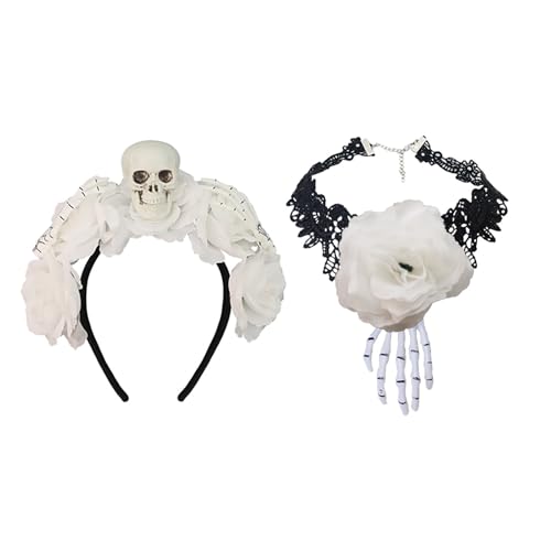 Freundliches Plastikschädel Stirnband Mit Halskette Choker Simulierte Blumen Kostümzubehör Für Halloween Party Kopfbedeckung Unisex Skelett Blumenkopf von SLXLYH