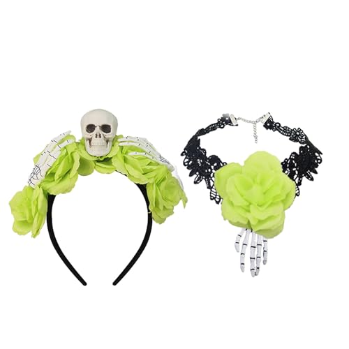Freundliches Plastikschädel Stirnband Mit Halskette Choker Simulierte Blumen Kostümzubehör Für Halloween Party Kopfbedeckung Unisex Skelett Blumenkopf von SLXLYH