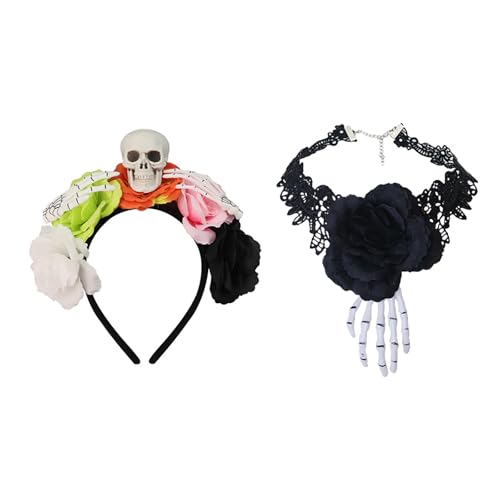 Freundliches Plastikschädel Stirnband Mit Halskette Choker Simulierte Blumen Kostümzubehör Für Halloween Party Kopfbedeckung Unisex Skelett Blumenkopf von SLXLYH