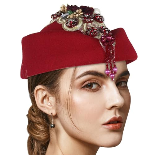 SLXLYH Fascinator mit Kristallblume, für Teaparty, Cocktail-Party, Damen, Flapper-Kostüm, Rollenspiel, Stewardess-Hut für formelle Veranstaltungen, Weinrot von SLXLYH