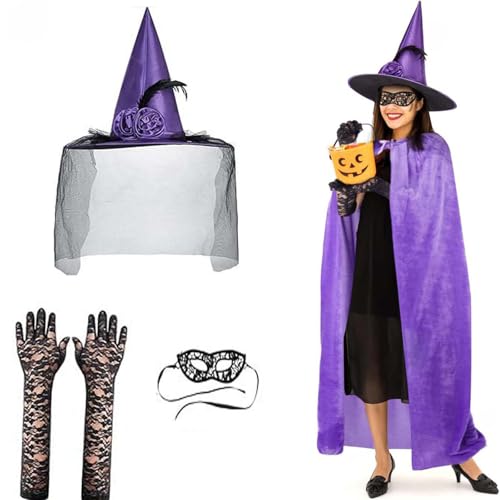 SLXLYH Hexenhut für Damen, mit Halbschleier, Hexenkostüm, Hexenumhang, Spitzenauge und Handschuhe für Halloween, Maskerade, Cosplay SLXLYH Hexenhut für Damen, mit Halbschleier, Hexenkostüm, Hexenumhang, Spitzenauge und Handschuhe für Halloween, Maskerade, Cosplay von SLXLYH