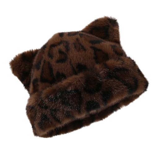 SLXLYH Übergroßer Kätzchenhut mit Ohren, Leopardenmuster, Skimütze, pelzig, Cartoon-Foto-Requisiten, Outdoor-Kopfwickel für Halloween (3) von SLXLYH